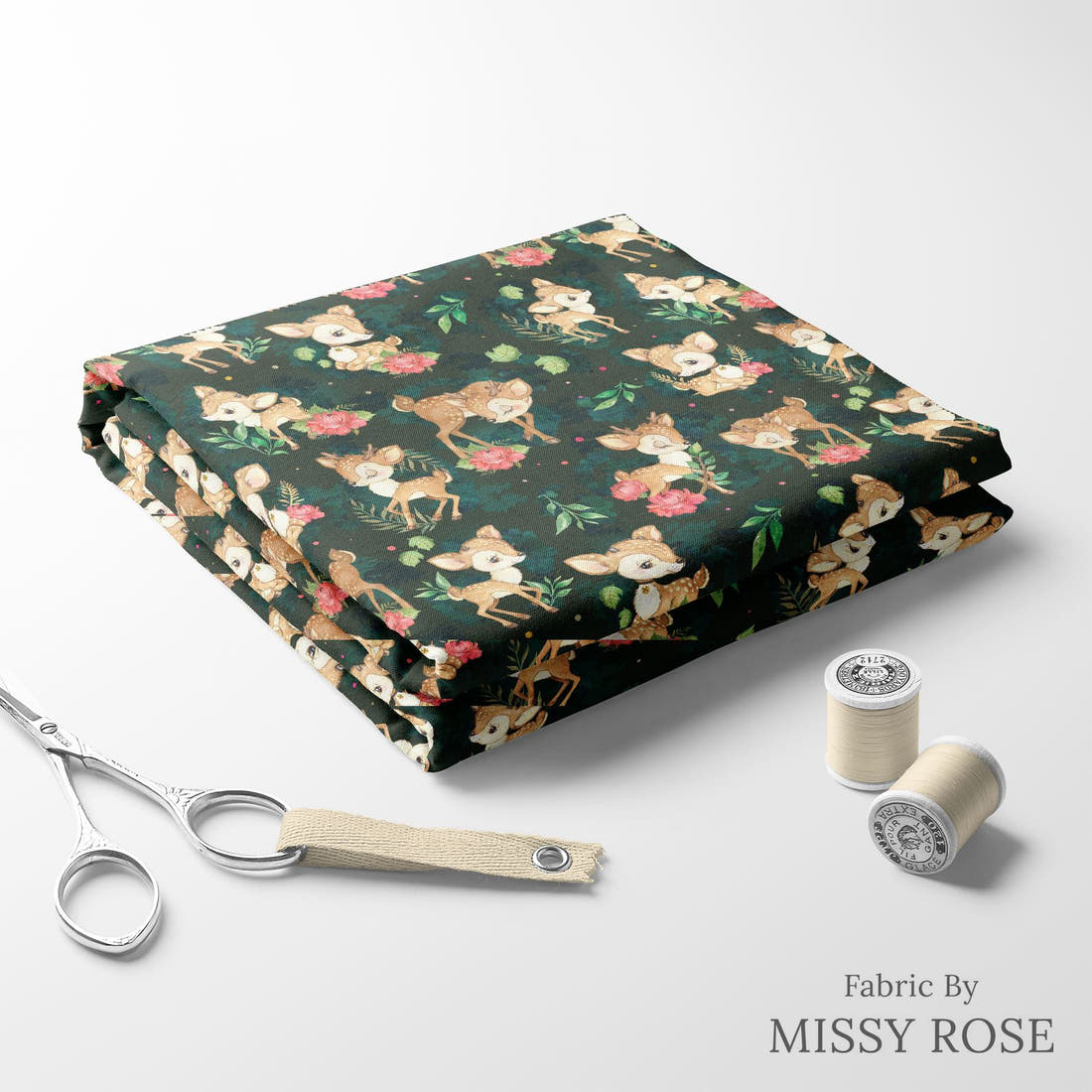 Design 416 Deer Fabric folded fabric stack with matching thread – pre-order fabric Australia | Fabric by Missy Rose