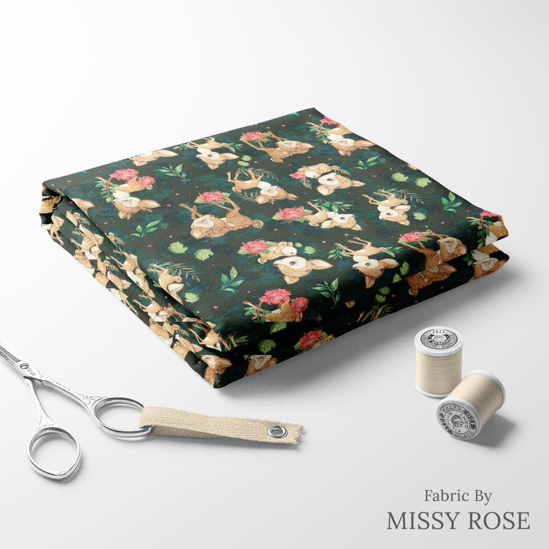 Design 416 Deer Fabric folded fabric stack with matching thread – pre-order fabric Australia | Fabric by Missy Rose