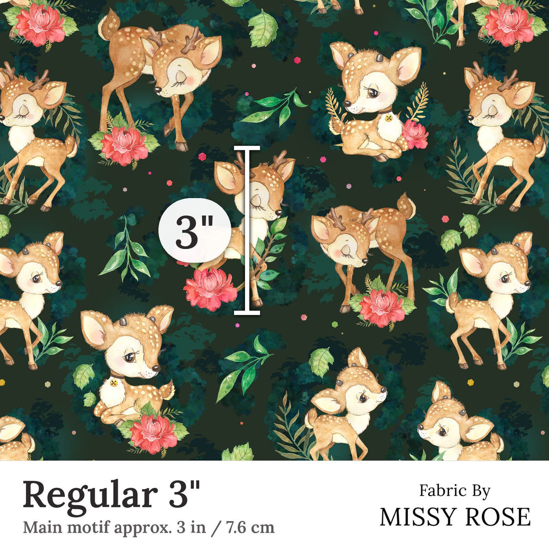 Design 416 Deer Fabric Regular 3 inch print scale guide | Fabric by Missy Rose