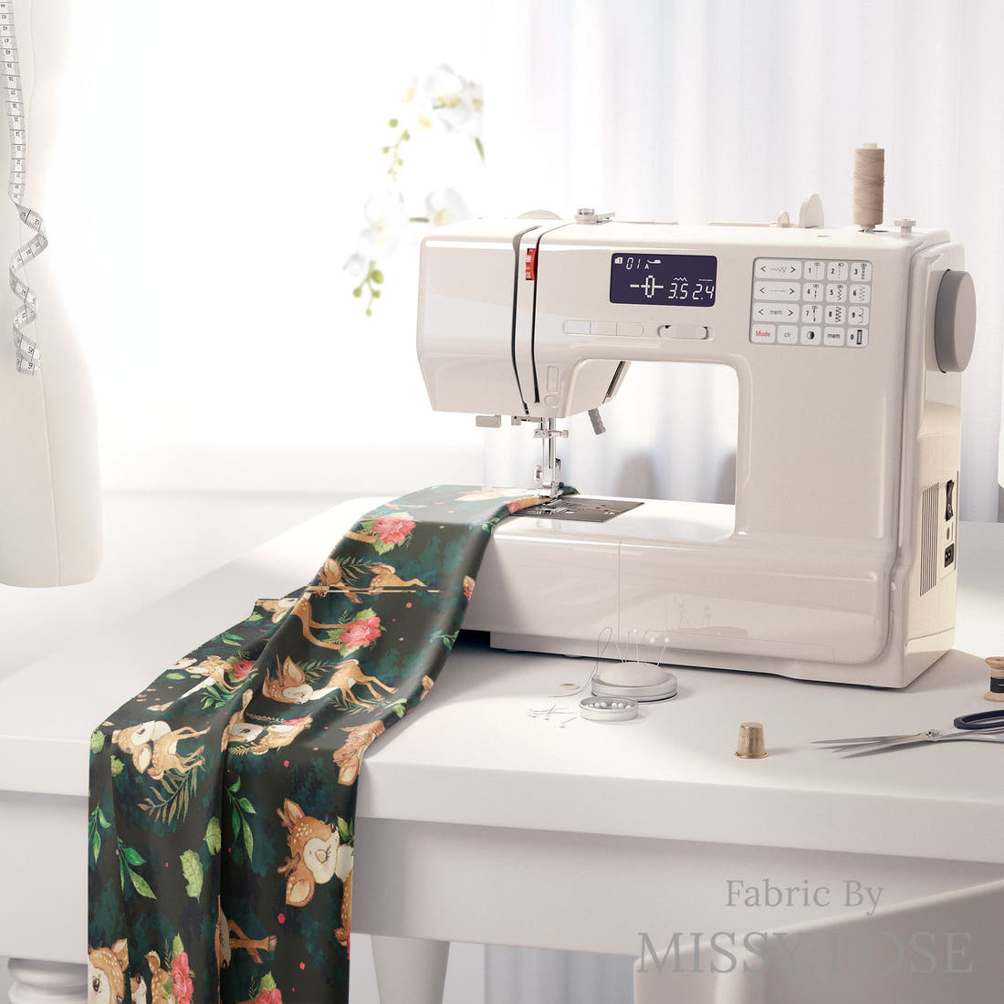 Design 416 Deer Fabric on a sewing machine – premium fabric for sewing projects | Fabric by Missy Rose