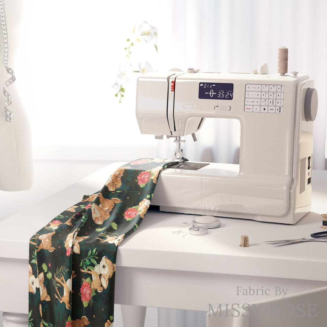 Design 416 Deer Fabric on a sewing machine – premium fabric for sewing projects | Fabric by Missy Rose