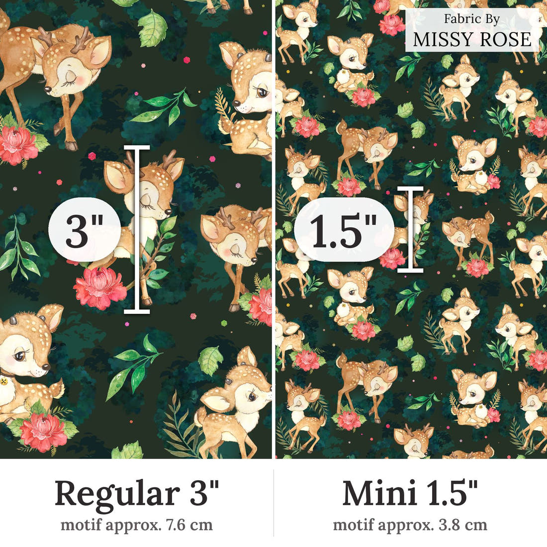 Design 416 Deer Fabric Regular 3 inch vs Mini 1.5 inch print scale side by side | Fabric by Missy Rose