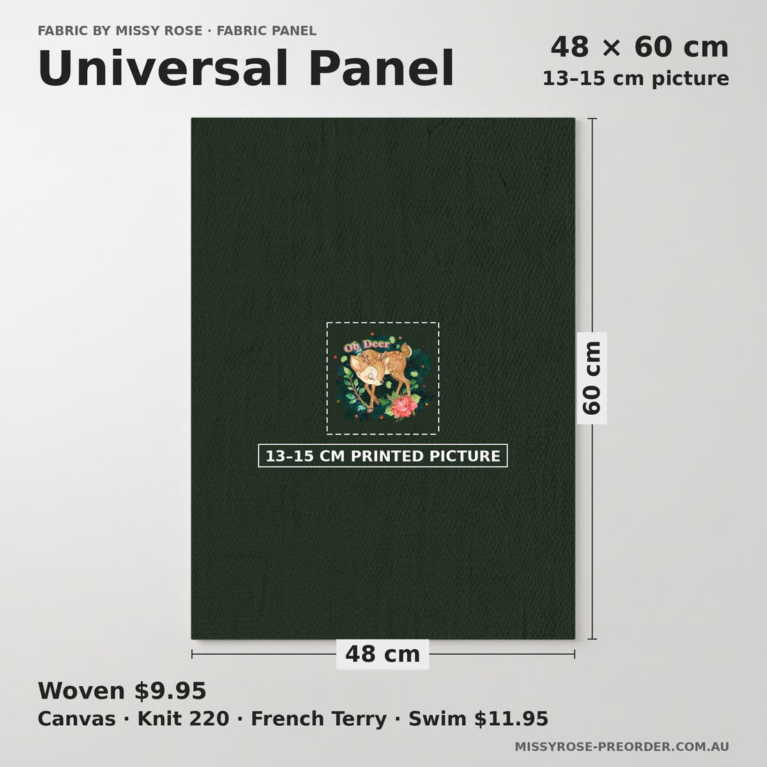 Design 416 Deer Panel universal panel sizing – 13–15 cm printed picture on 48 × 60 cm fabric | Fabric by Missy Rose