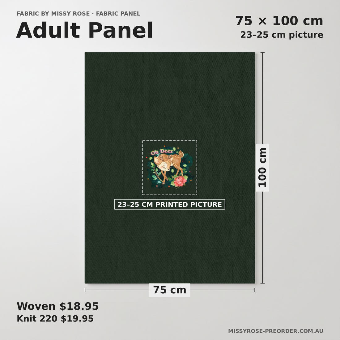 Design 416 Deer Panel adult panel sizing – 23–25 cm printed picture on 75 × 100 cm fabric | Fabric by Missy Rose