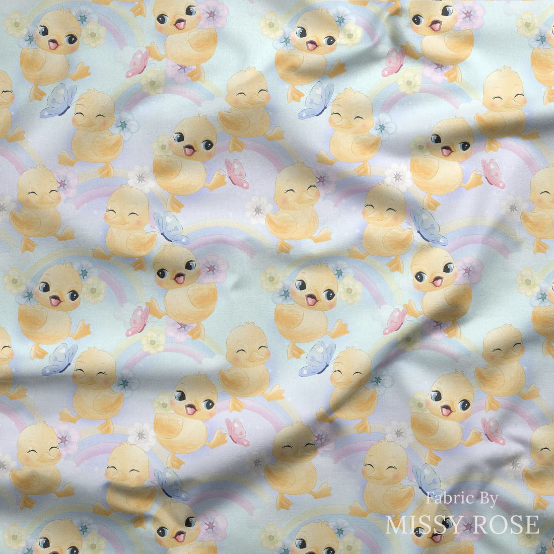 Design 417 Cute Duckling Fabric draped fabric mockup – custom printed fabric by the metre | Fabric by Missy Rose