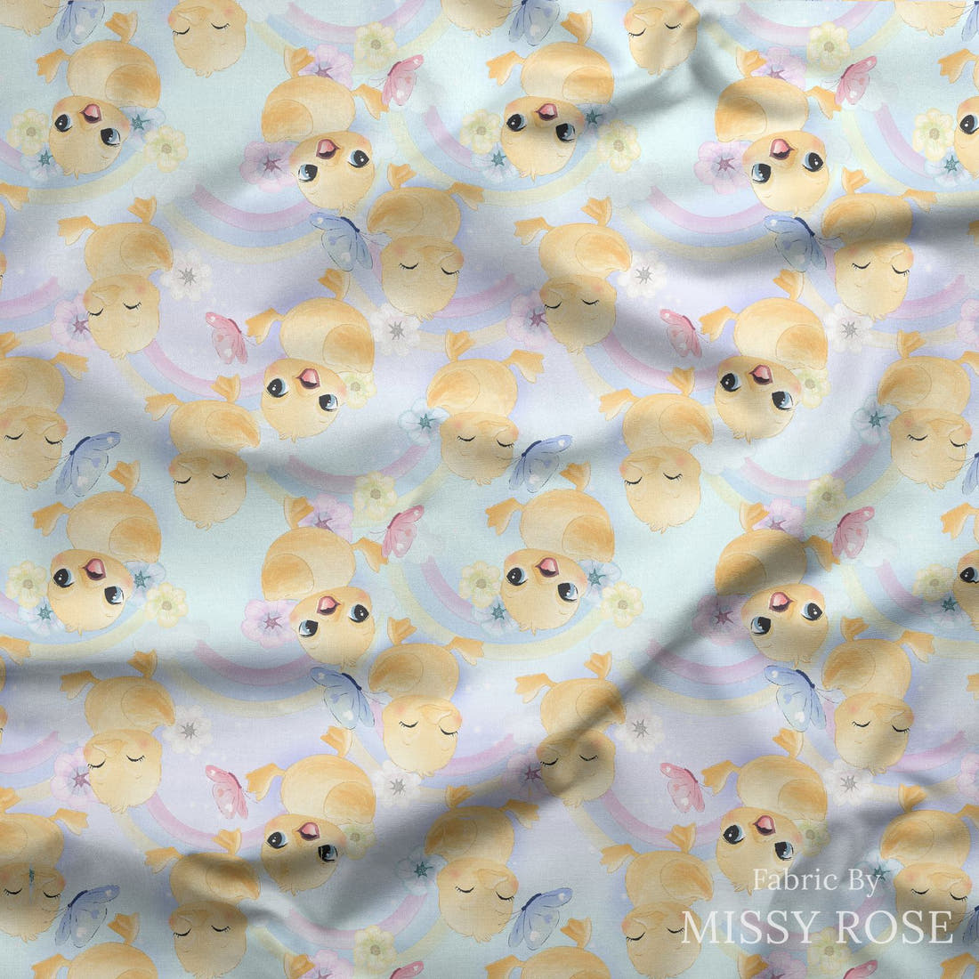 Design 417 Cute Duckling Fabric draped fabric mockup – custom printed fabric by the metre | Fabric by Missy Rose