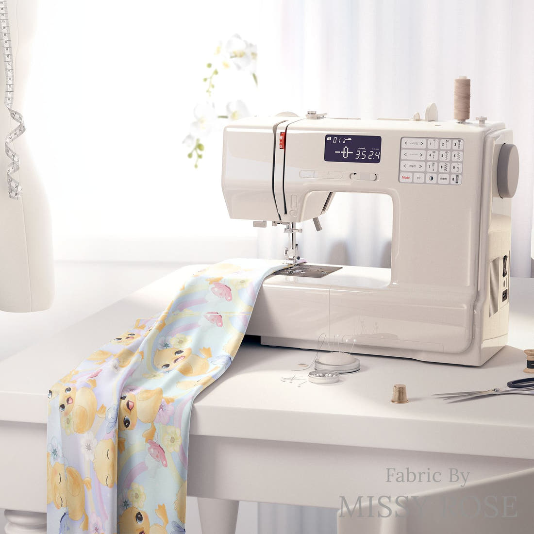 Design 417 Cute Duckling Fabric on a sewing machine – premium fabric for sewing projects | Fabric by Missy Rose