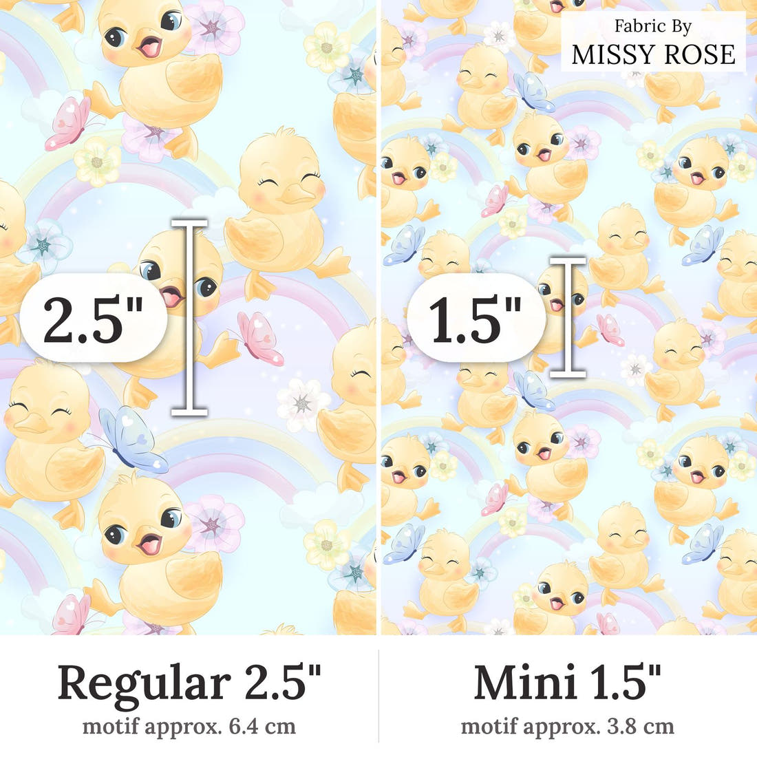 Design 417 Cute Duckling Fabric Regular 2.5 inch vs Mini 1.5 inch print scale side by side | Fabric by Missy Rose