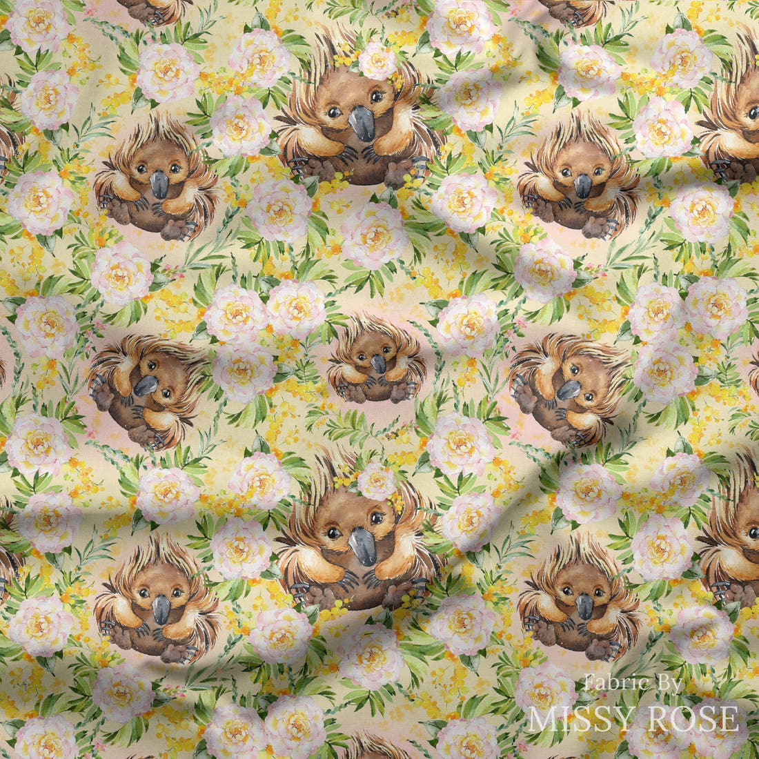 Design 418 Yellow Echidna Fabric draped fabric mockup – custom printed fabric by the metre | Fabric by Missy Rose
