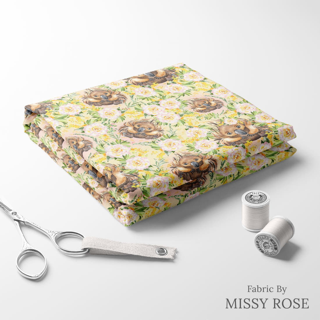 Design 418 Yellow Echidna Fabric folded fabric stack with matching thread – pre-order fabric Australia | Fabric by Missy Rose