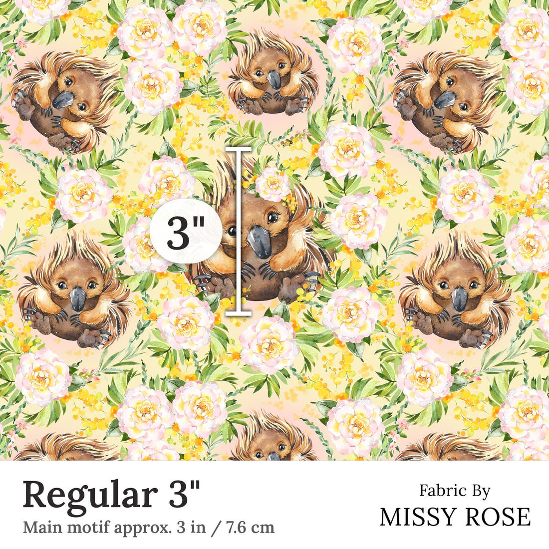 Design 418 Yellow Echidna Fabric Regular 3 inch print scale guide | Fabric by Missy Rose
