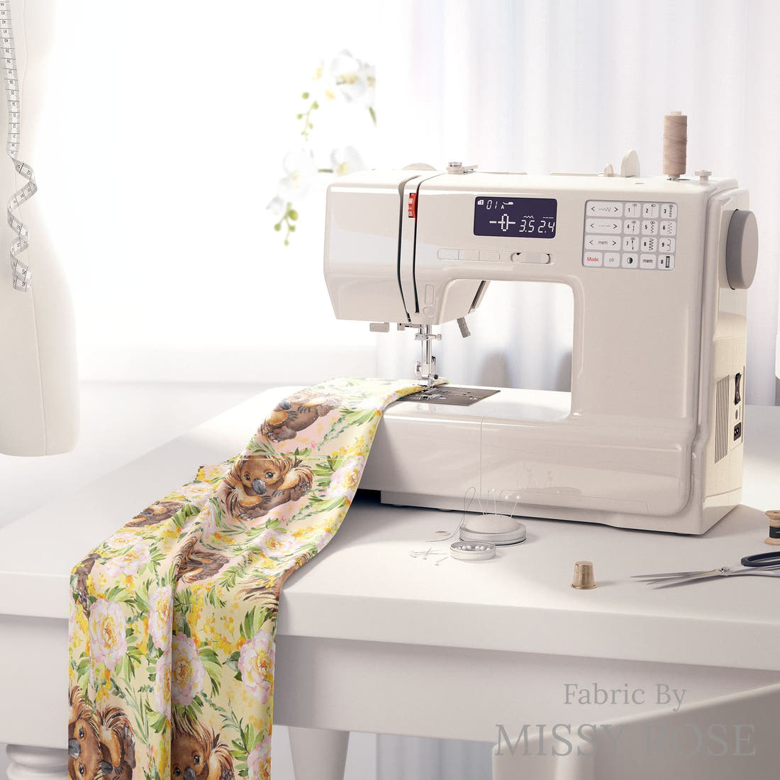 Design 418 Yellow Echidna Fabric on a sewing machine – premium fabric for sewing projects | Fabric by Missy Rose
