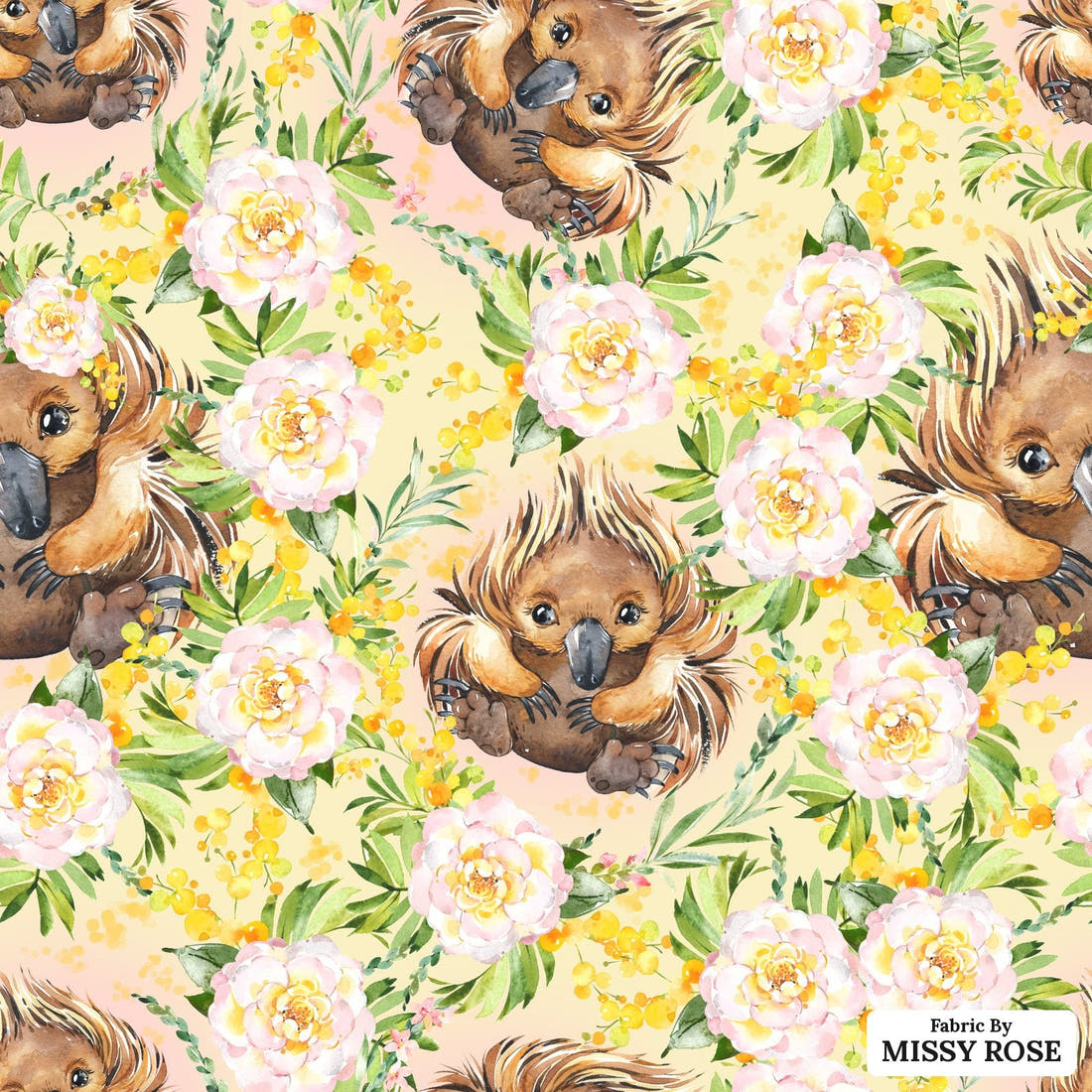 Design 418 Yellow Echidna Fabric - flat view of the print, zoom in for detail | Fabric by Missy Rose
