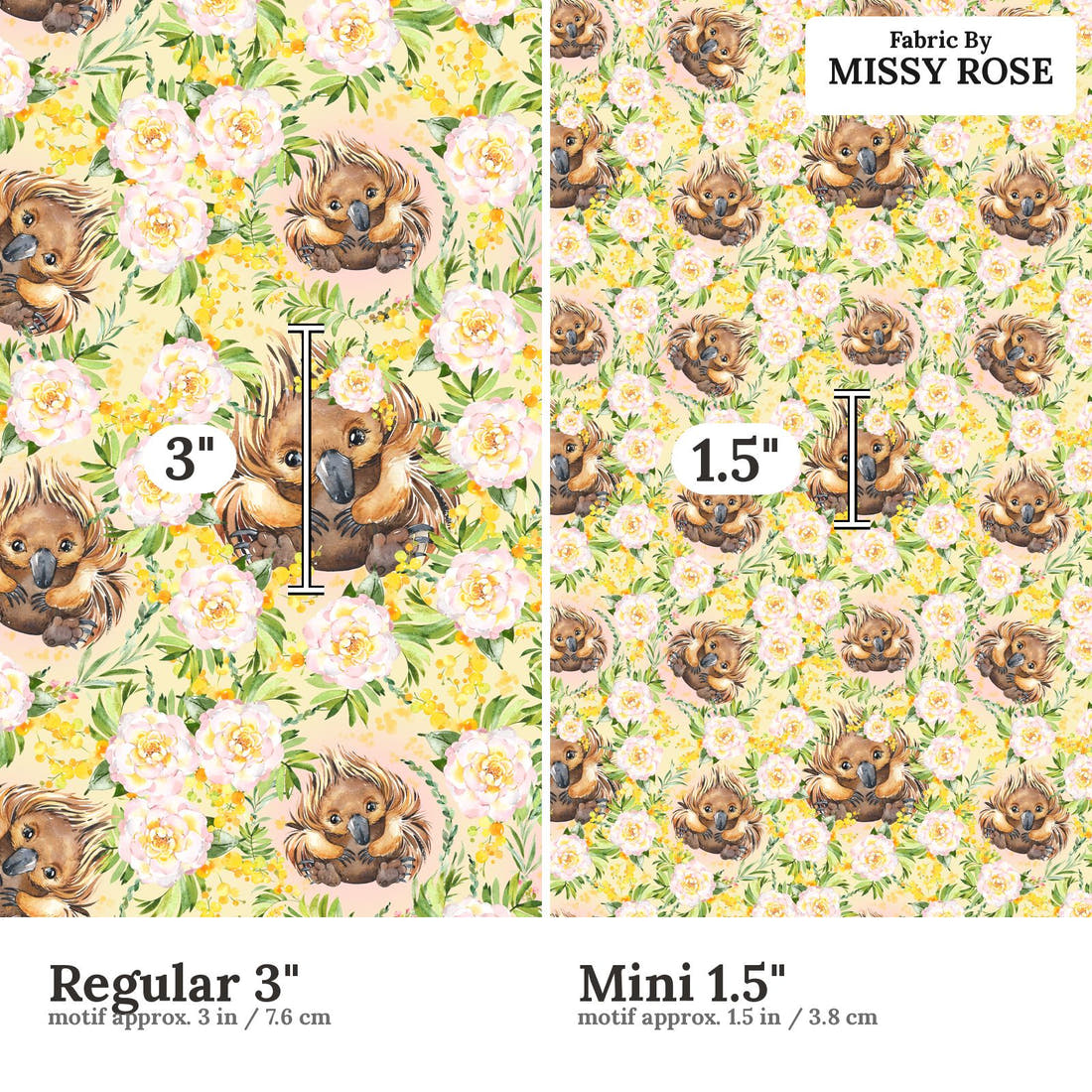 Design 418 Yellow Echidna Fabric size comparison - print scale | Fabric by Missy Rose