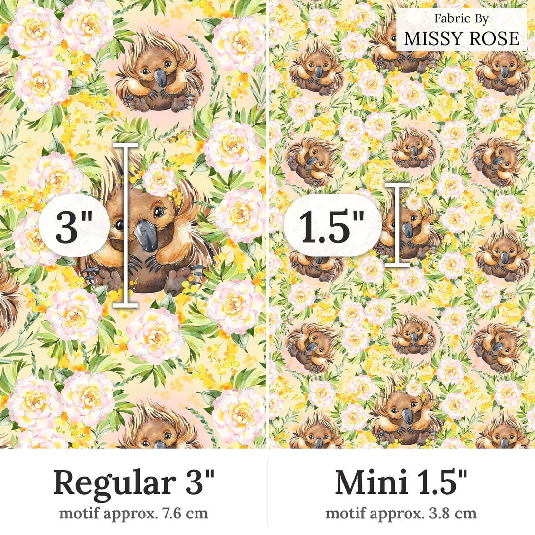 Design 418 Yellow Echidna Fabric Regular 3 inch vs Mini 1.5 inch print scale side by side | Fabric by Missy Rose