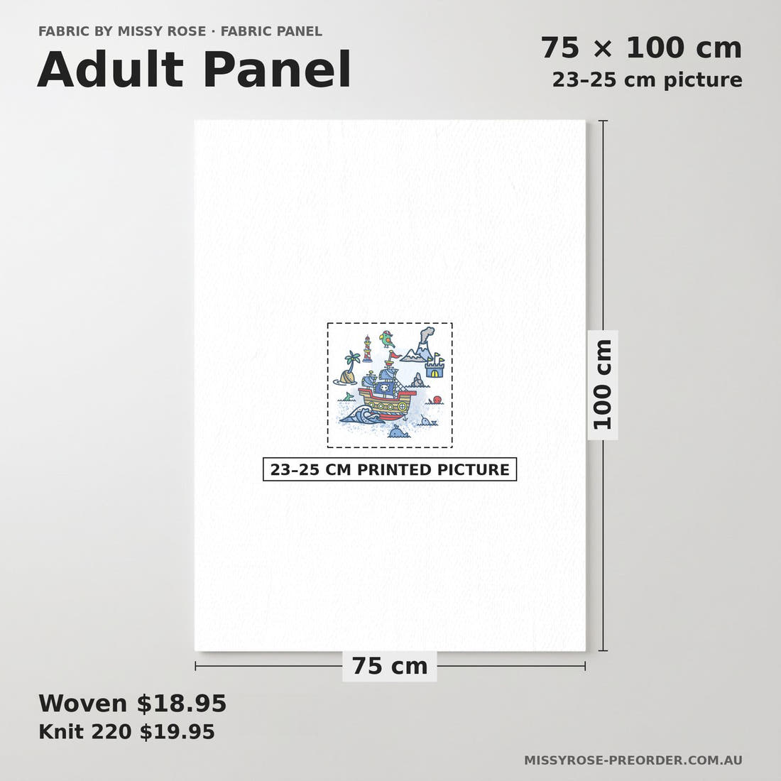 Design 419 Pirate Panel adult panel sizing – 23–25 cm printed picture on 75 × 100 cm fabric | Fabric by Missy Rose