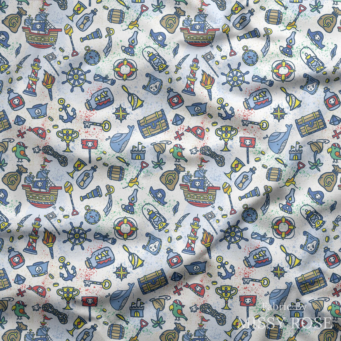 Design 419 Pirate Fabric draped fabric mockup – custom printed fabric by the metre | Fabric by Missy Rose
