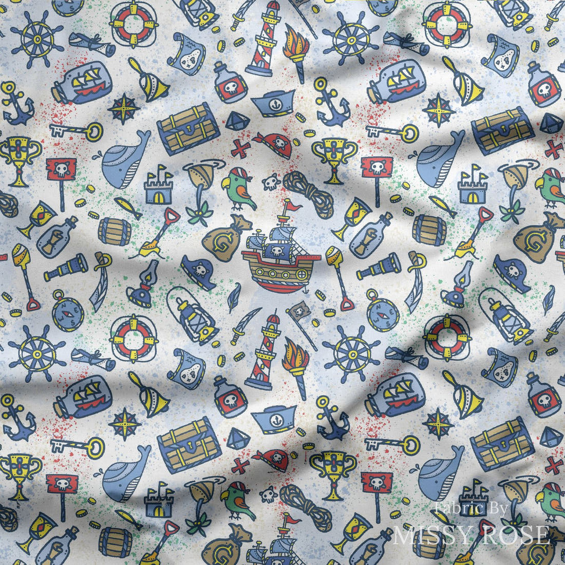 Design 419 Pirate Fabric draped fabric mockup – custom printed fabric by the metre | Fabric by Missy Rose