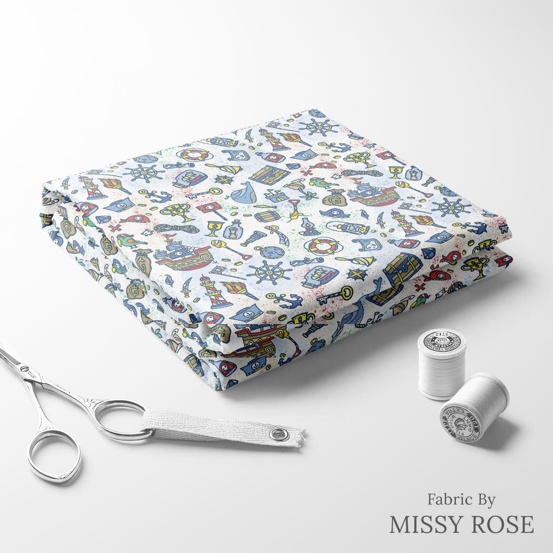 Design 419 Pirate Fabric folded fabric stack with matching thread – pre-order fabric Australia | Fabric by Missy Rose