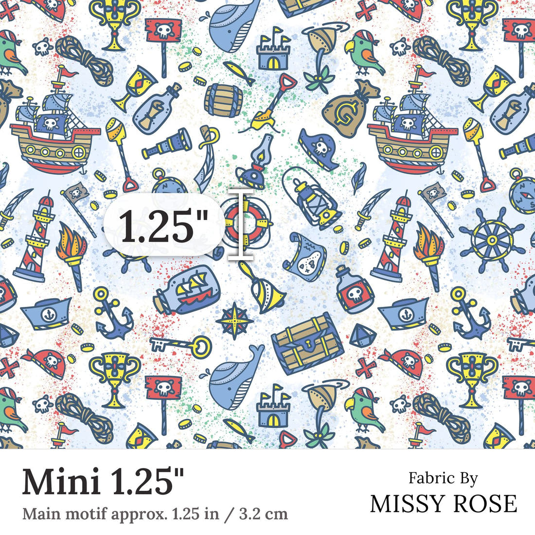 Design 419 Pirate Fabric Mini 1.25 inch print scale guide | Fabric by Missy Rose