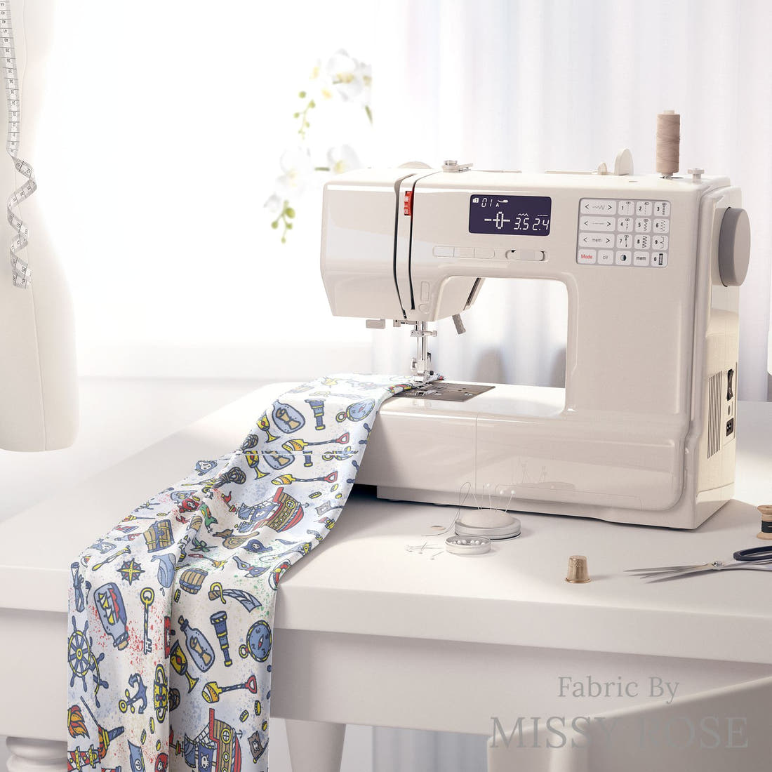 Design 419 Pirate Fabric on a sewing machine – premium fabric for sewing projects | Fabric by Missy Rose