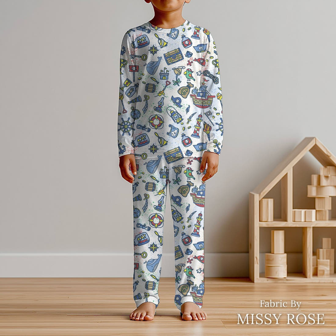 Design 419 Pirate Fabric sewn into kids' pyjamas – see how the print looks made up | Fabric by Missy Rose