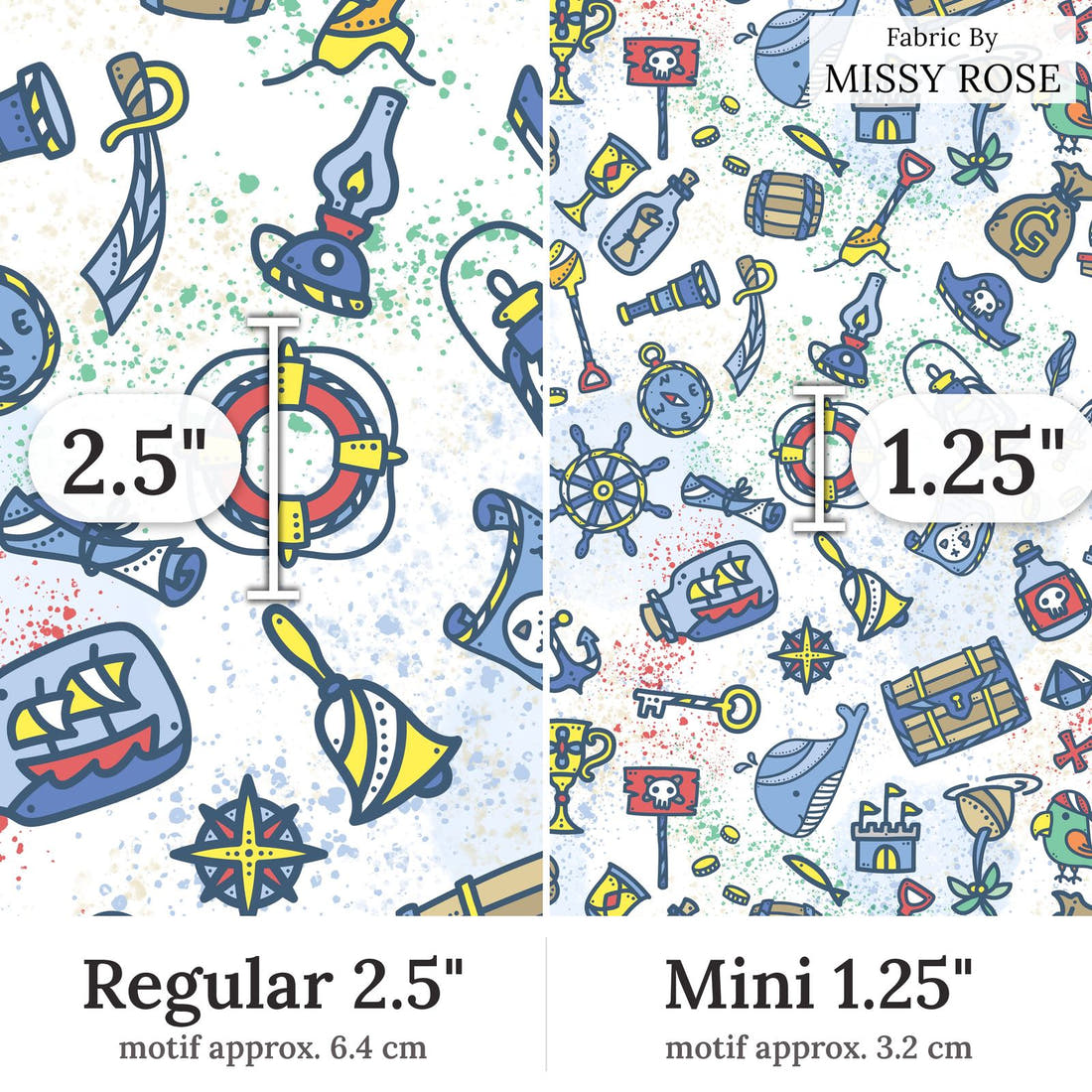 Design 419 Pirate Fabric Regular 2.5 inch vs Mini 1.25 inch print scale side by side | Fabric by Missy Rose