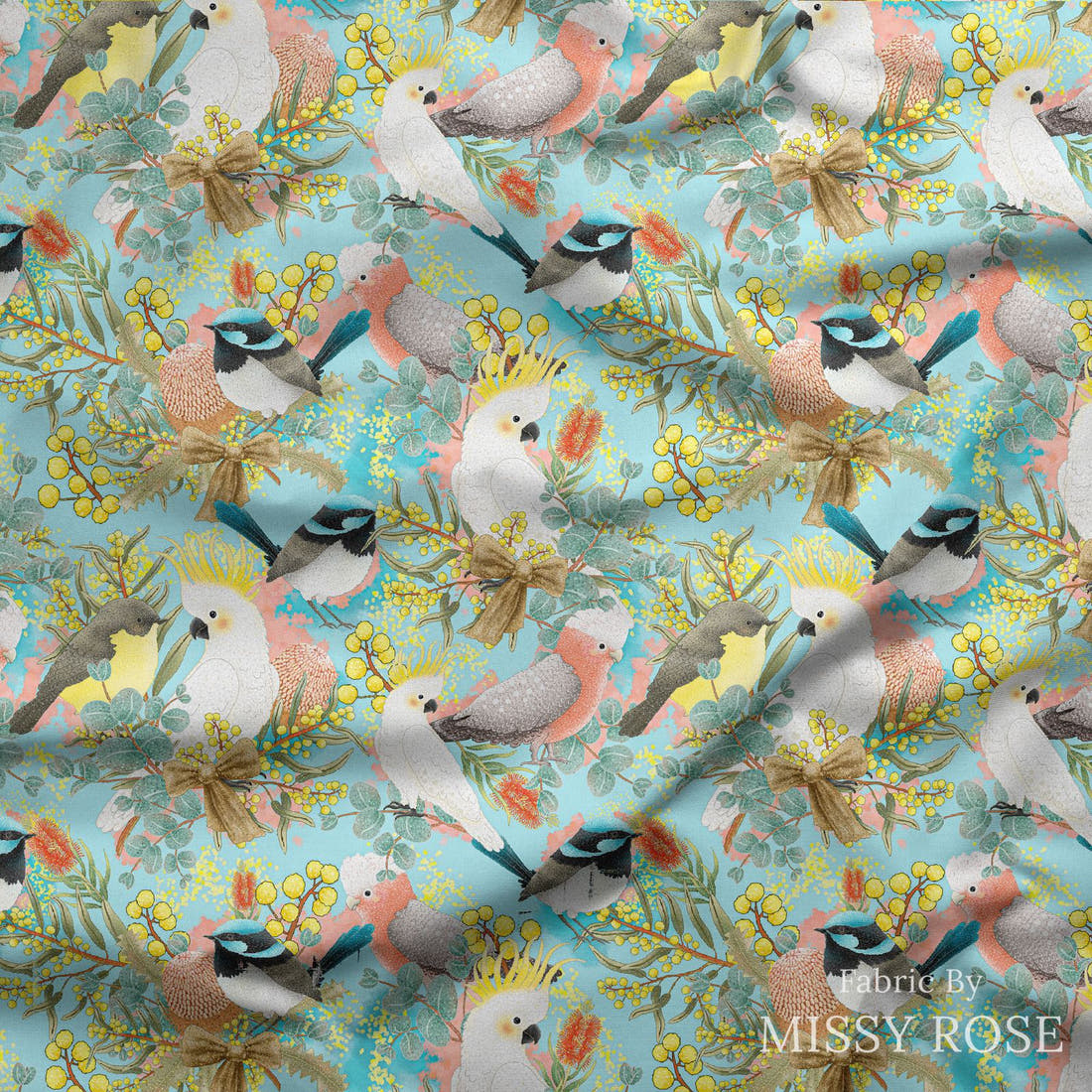 Design 42 Australian Birds Fabric draped fabric mockup – custom printed fabric by the metre | Fabric by Missy Rose
