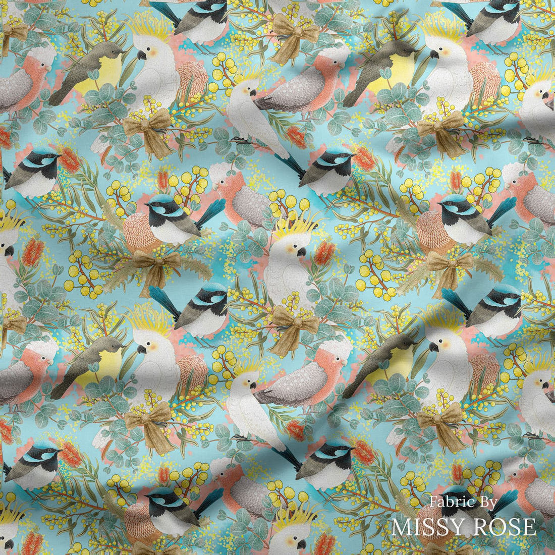 Design 42 Australian Birds Fabric draped fabric mockup – custom printed fabric by the metre | Fabric by Missy Rose