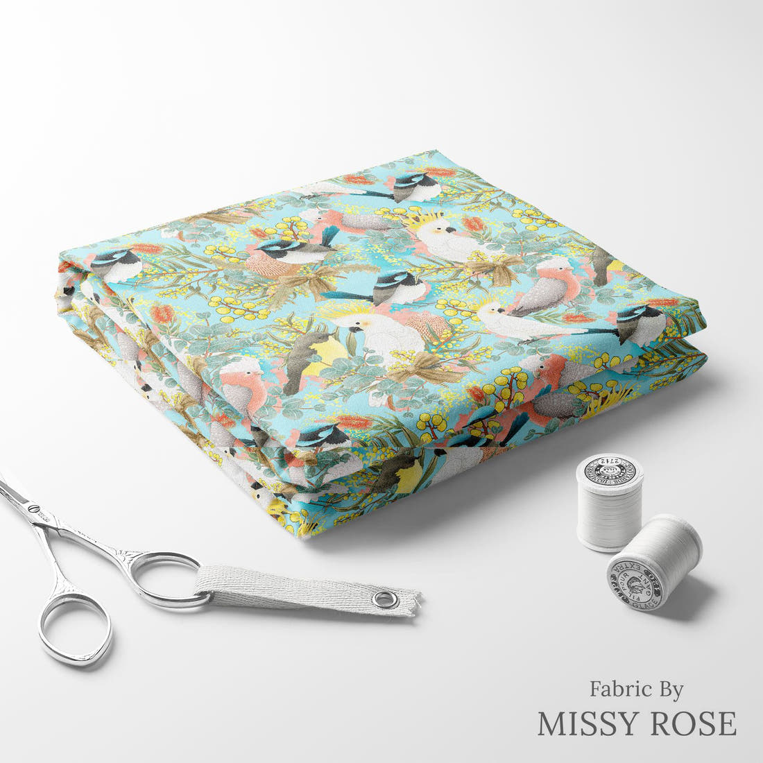 Design 42 Australian Birds Fabric folded fabric stack with matching thread – pre-order fabric Australia | Fabric by Missy Rose