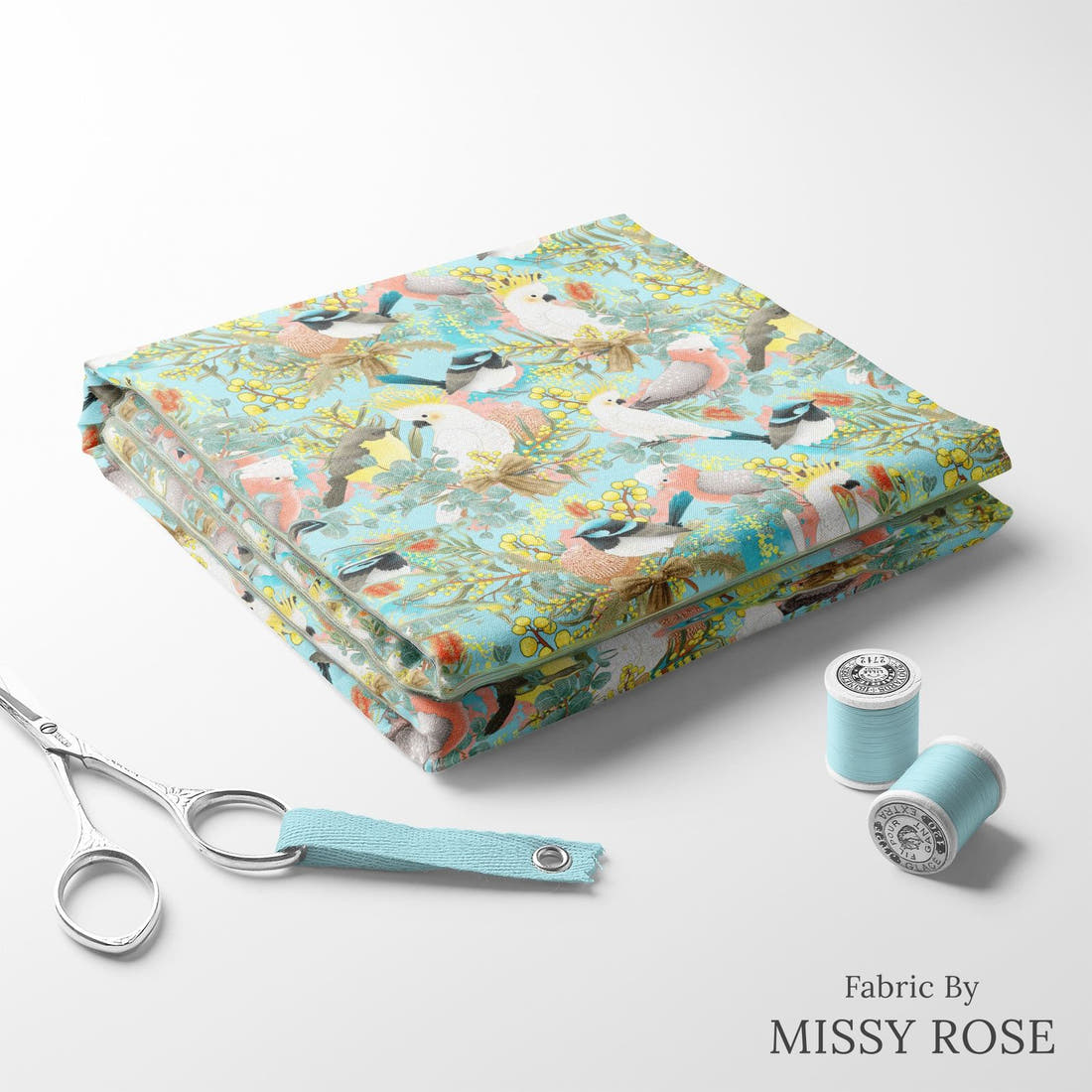 Design 42 Australian Birds Fabric folded fabric stack with matching thread – pre-order fabric Australia | Fabric by Missy Rose