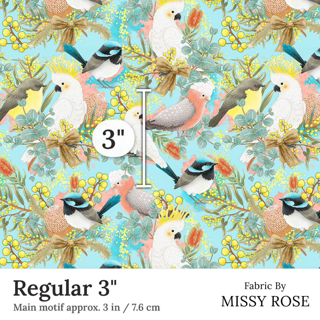 Design 42 Australian Birds Fabric Regular 3 inch print scale guide | Fabric by Missy Rose