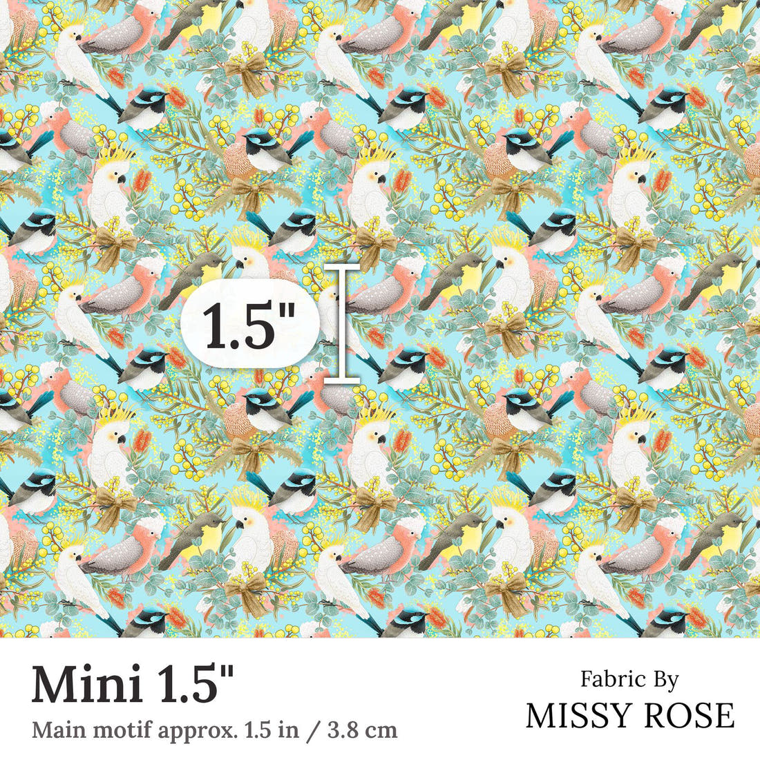 Design 42 Australian Birds Fabric Mini 1.5 inch print scale guide | Fabric by Missy Rose