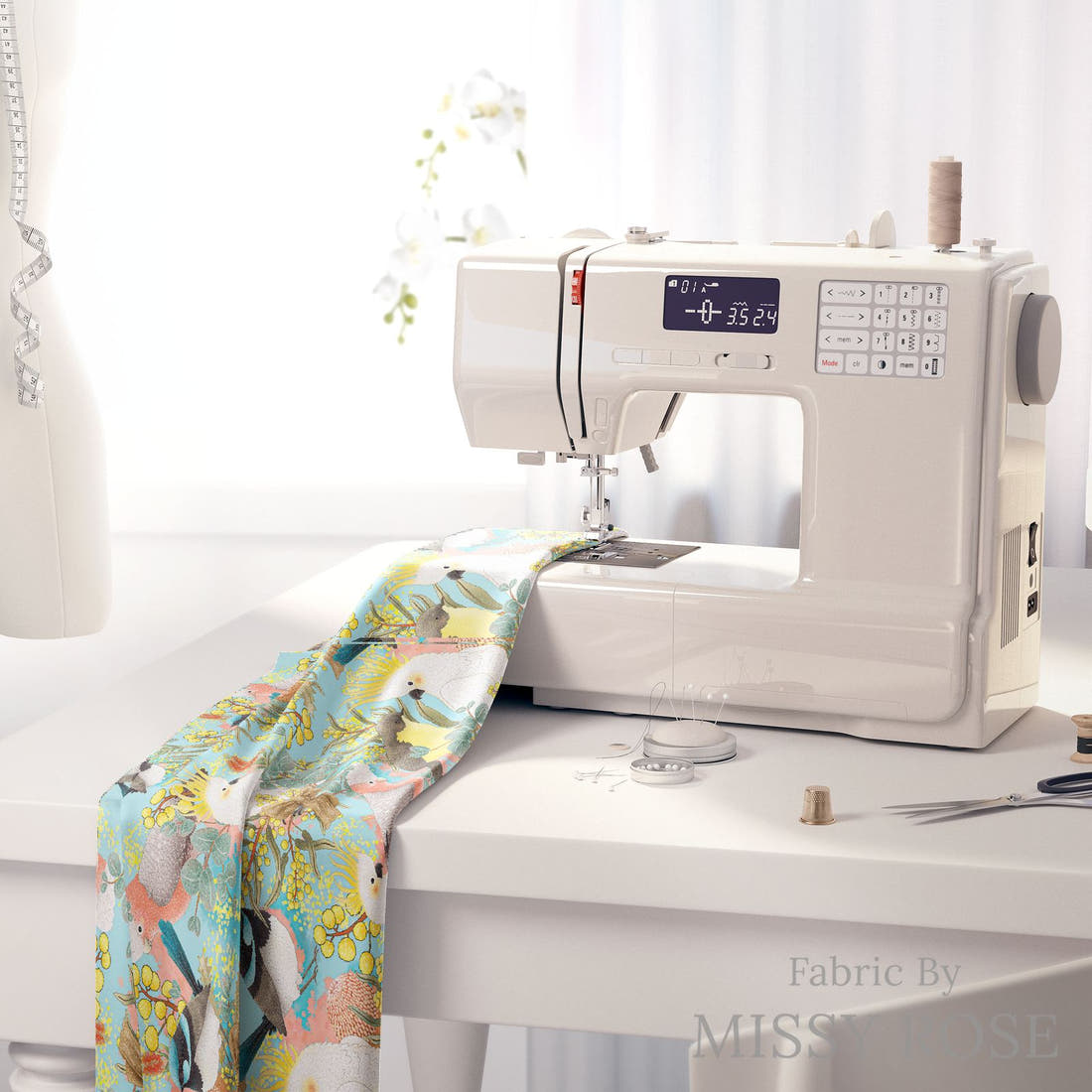 Design 42 Australian Birds Fabric on a sewing machine – premium fabric for sewing projects | Fabric by Missy Rose