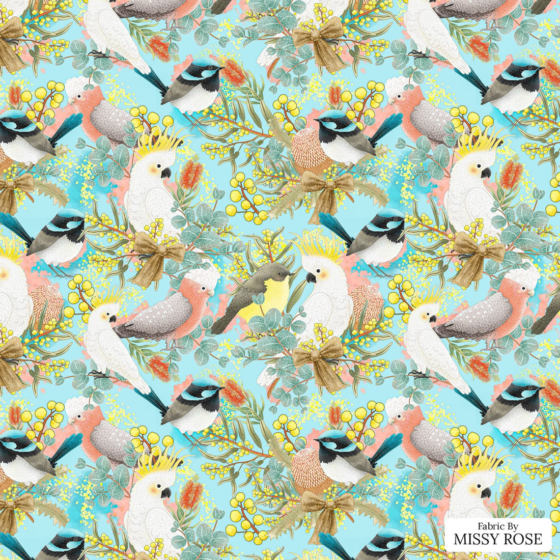 Design 42 Australian Birds Fabric - flat view of the print, zoom in for detail | Fabric by Missy Rose