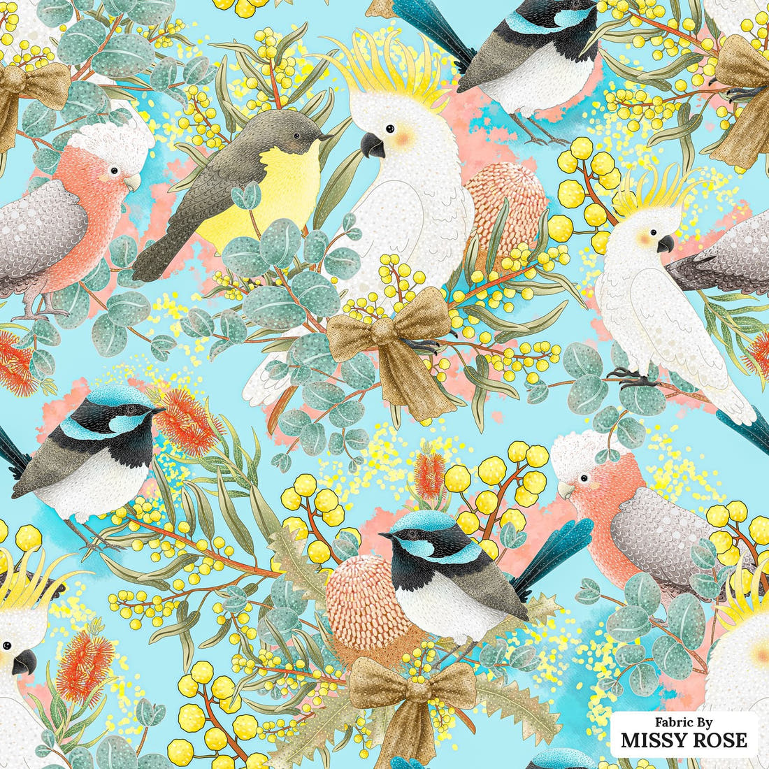 Design 42 Australian Birds Fabric - flat view of the print, zoom in for detail | Fabric by Missy Rose
