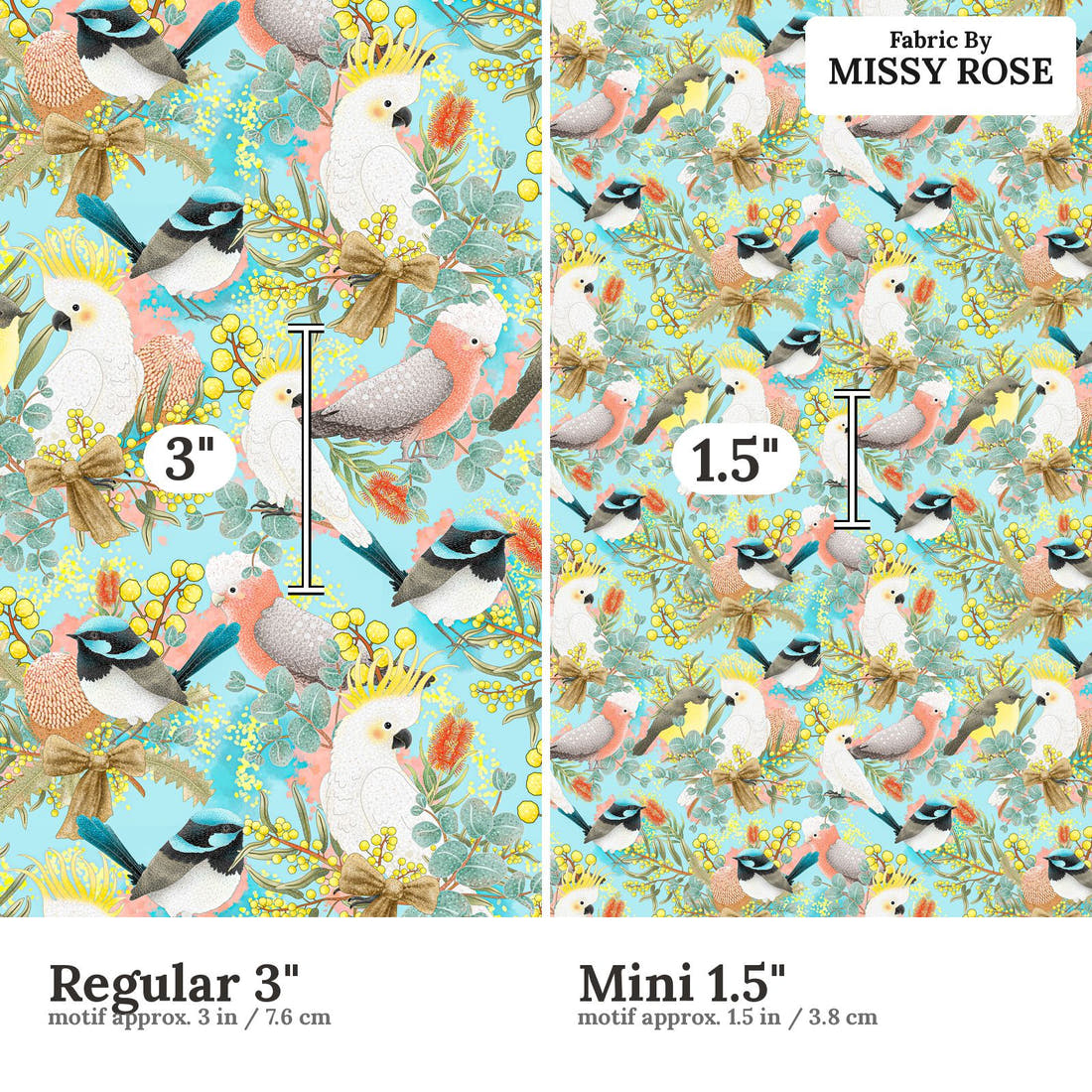 Design 42 Australian Birds Fabric size comparison - print scale | Fabric by Missy Rose