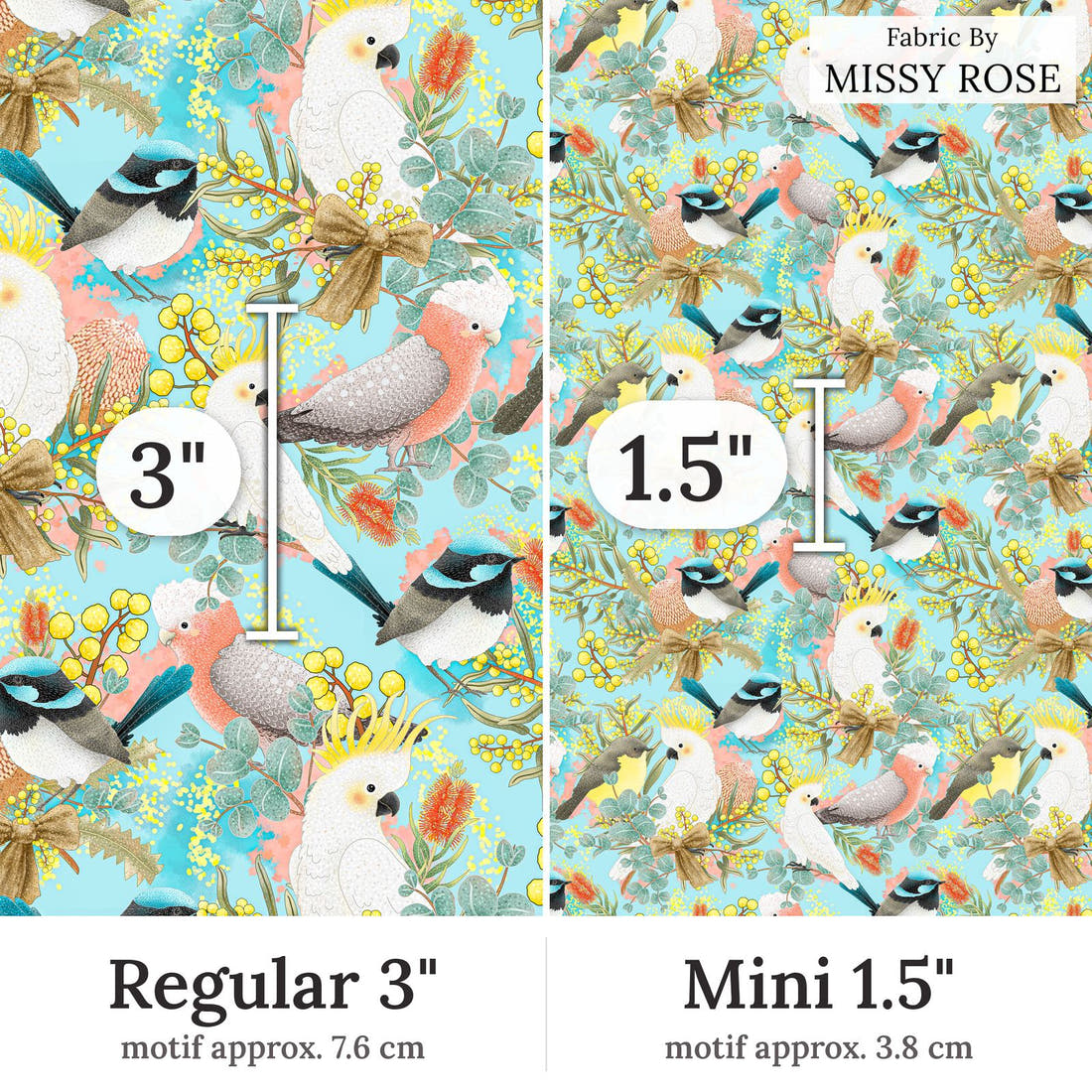 Design 42 Australian Birds Fabric Regular 3 inch vs Mini 1.5 inch print scale side by side | Fabric by Missy Rose