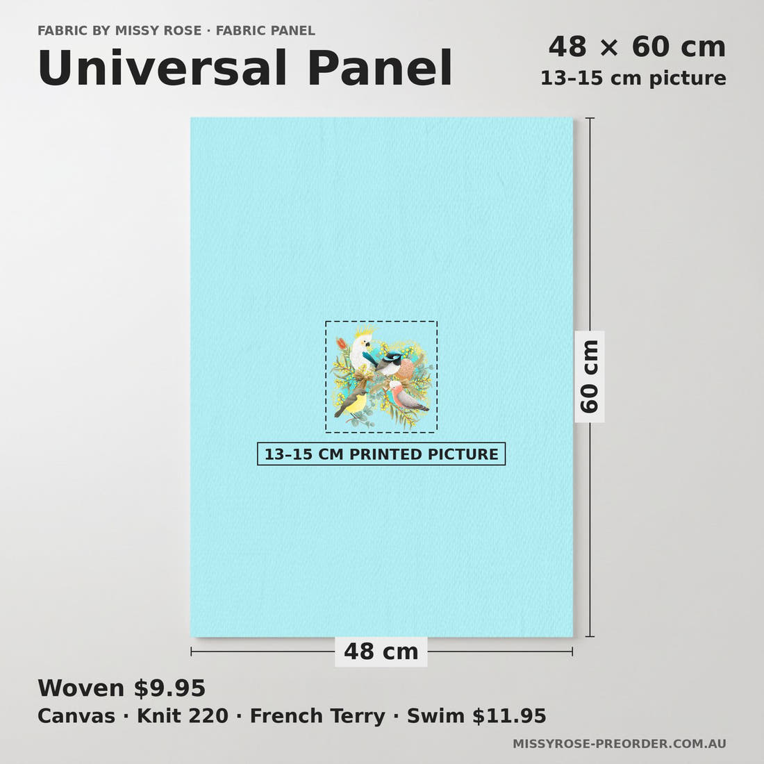 Design 42 Australian Birds Panel universal panel sizing – 13–15 cm printed picture on 48 × 60 cm fabric | Fabric by Missy Rose