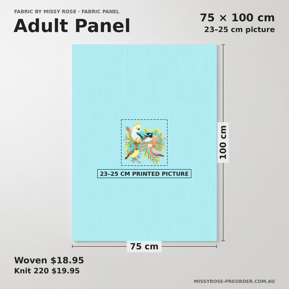 Design 42 Australian Birds Panel adult panel sizing – 23–25 cm printed picture on 75 × 100 cm fabric | Fabric by Missy Rose