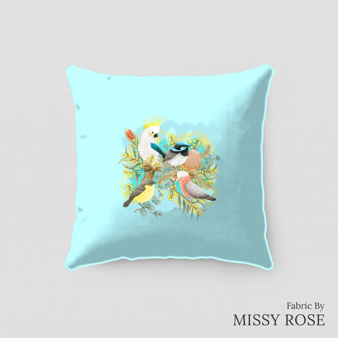 Design 42 Australian Birds Panel sewn into a cushion – see how the panel looks made up | Fabric by Missy Rose
