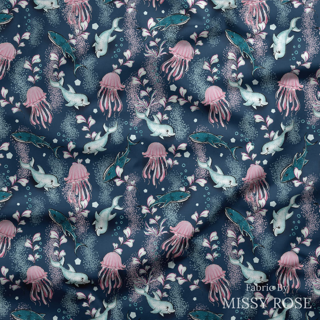 Design 420 Underwater Animals Fabric draped fabric mockup – custom printed fabric by the metre | Fabric by Missy Rose