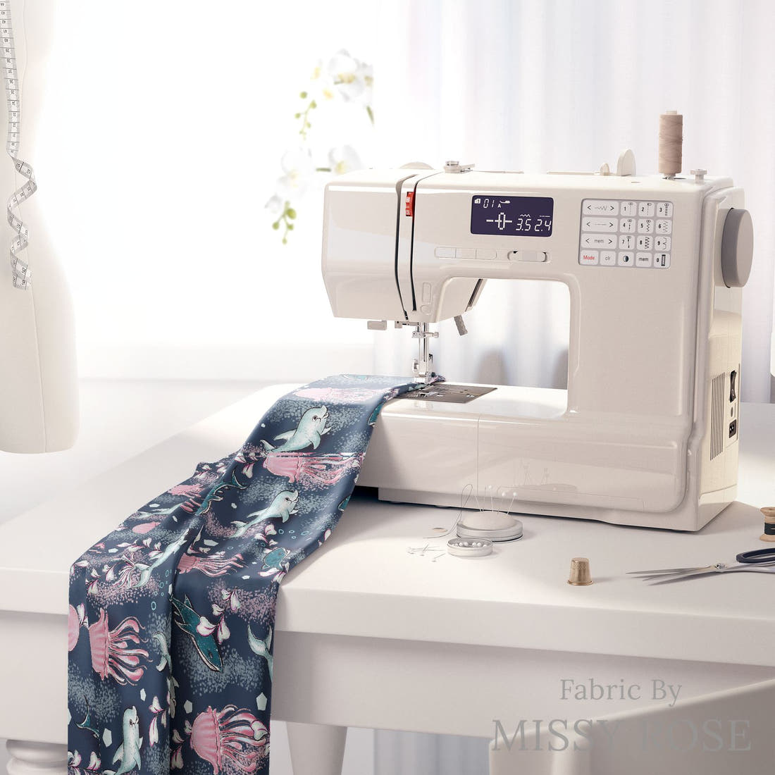 Design 420 Underwater Animals Fabric on a sewing machine – premium fabric for sewing projects | Fabric by Missy Rose