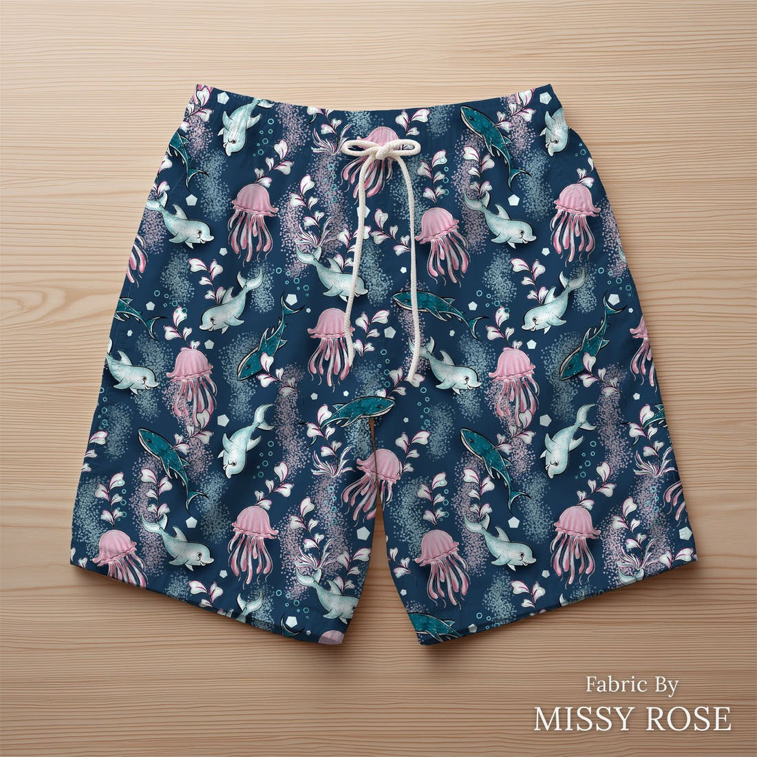 Design 420 Underwater Animals Fabric sewn into swim shorts – see how the print looks made up | Fabric by Missy Rose