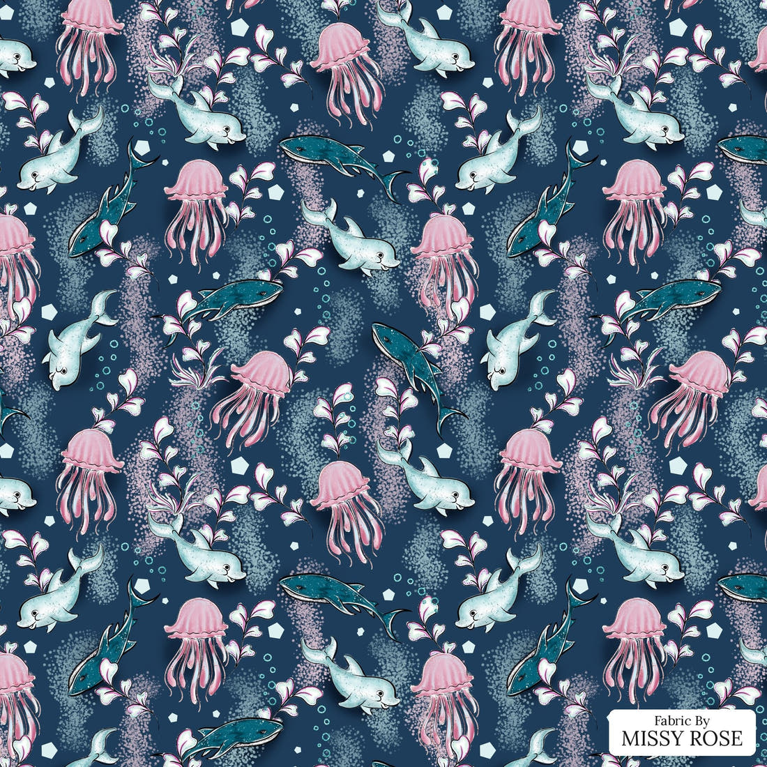 Design 420 Underwater Animals Fabric - flat view of the print, zoom in for detail | Fabric by Missy Rose