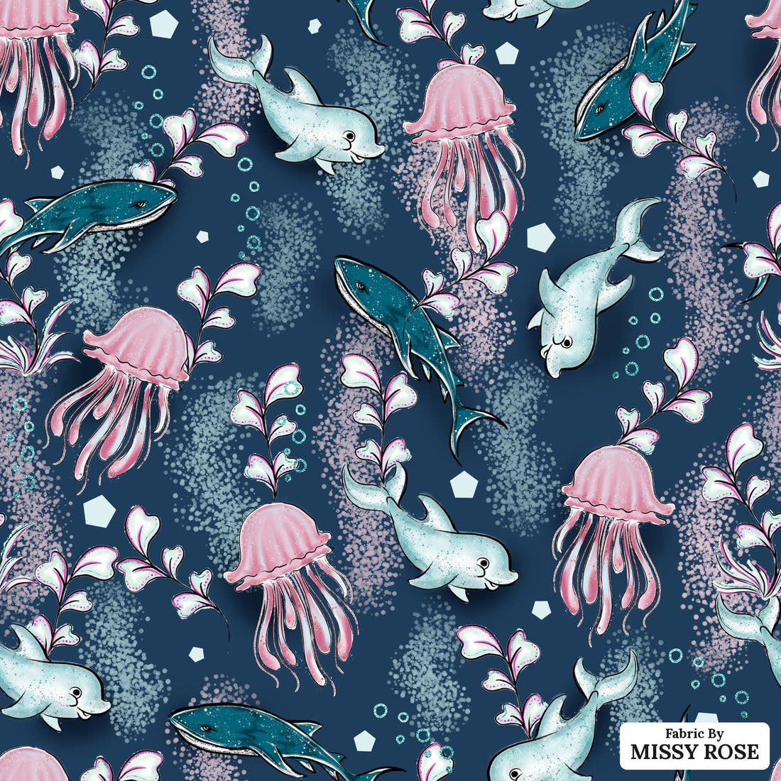 Design 420 Underwater Animals Fabric - flat view of the print, zoom in for detail | Fabric by Missy Rose