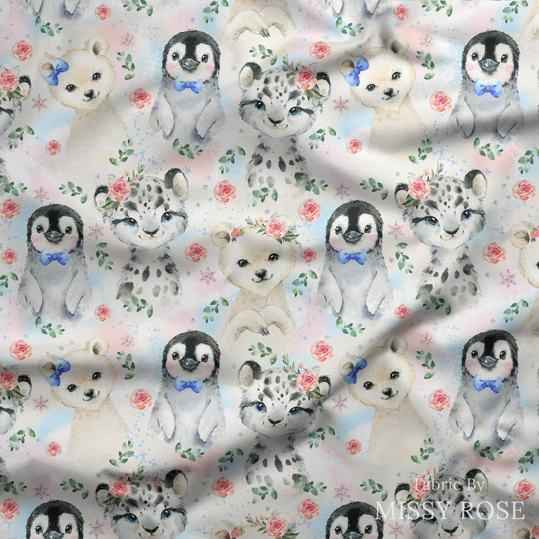 Design 421 Snow Animals Fabric draped fabric mockup – custom printed fabric by the metre | Fabric by Missy Rose