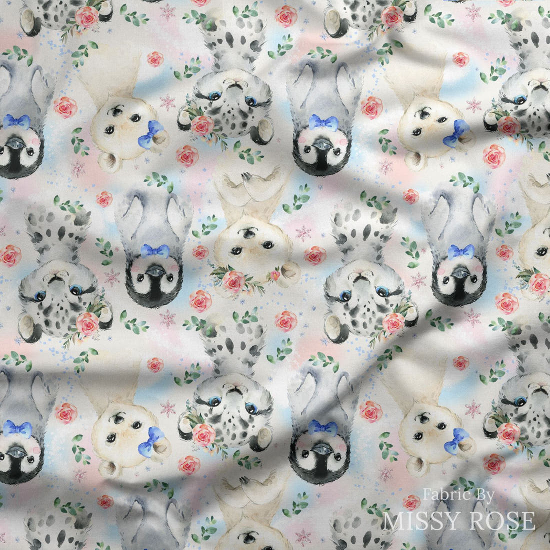 Design 421 Snow Animals Fabric draped fabric mockup – custom printed fabric by the metre | Fabric by Missy Rose