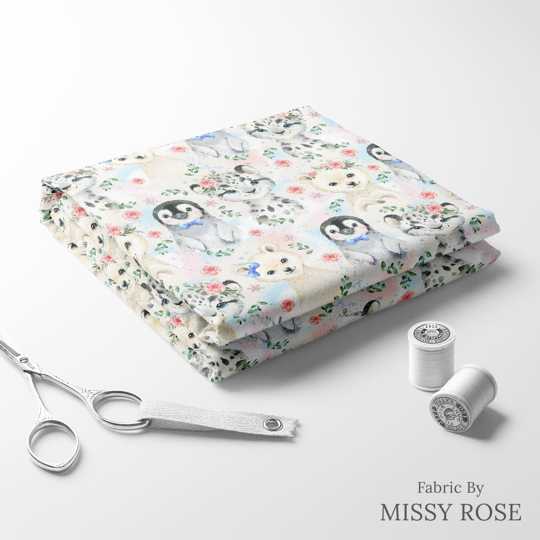 Design 421 Snow Animals Fabric folded fabric stack with matching thread – pre-order fabric Australia | Fabric by Missy Rose