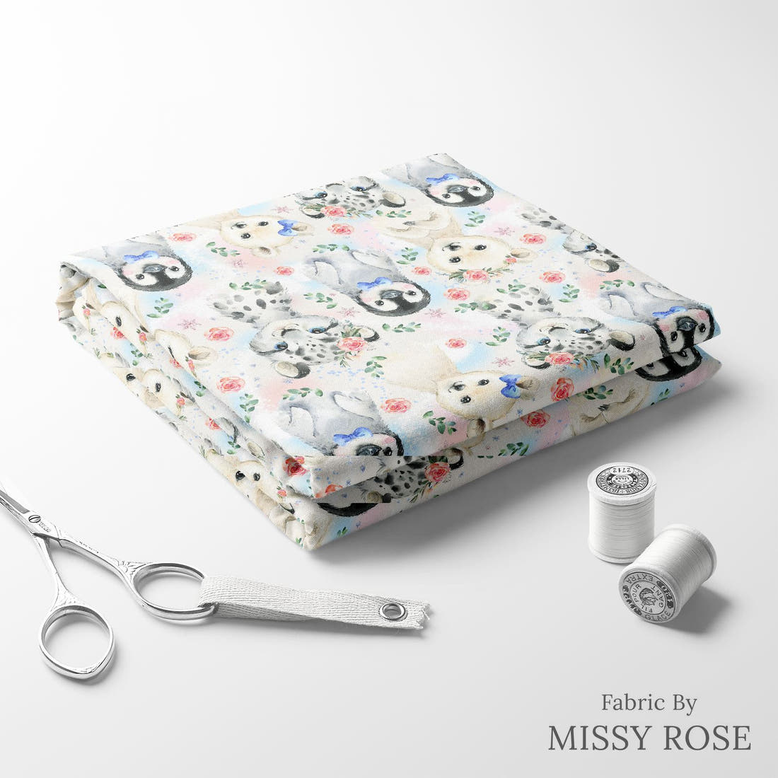 Design 421 Snow Animals Fabric folded fabric stack with matching thread – pre-order fabric Australia | Fabric by Missy Rose